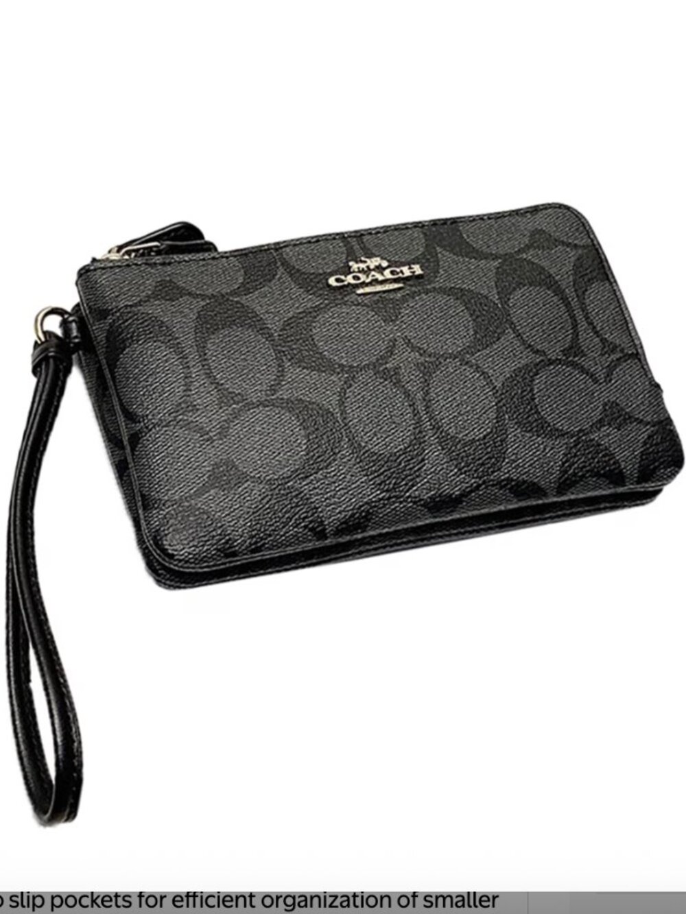 NWT Coach Signature PVC Double Corner Zip Wristlet in Black Smoke Silver Tone